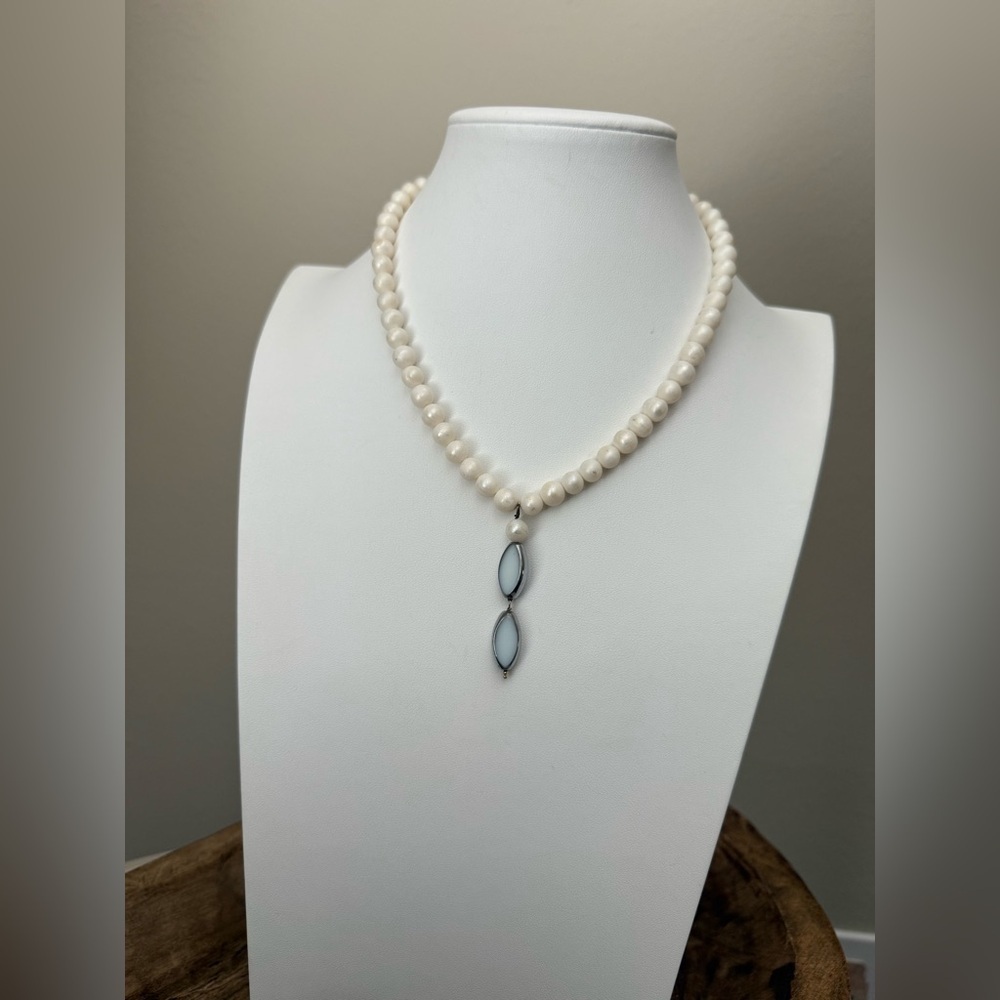Vintage White Beaded Necklace With Silver Hook and Baby Blue Pendant